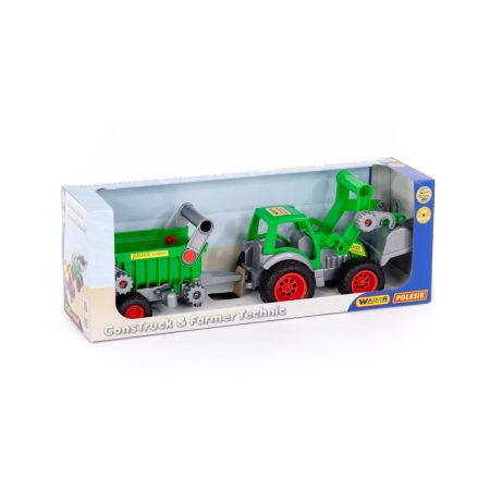 Farmer Technic traktor homlokrakodóval és pótkocsival (dobozos)