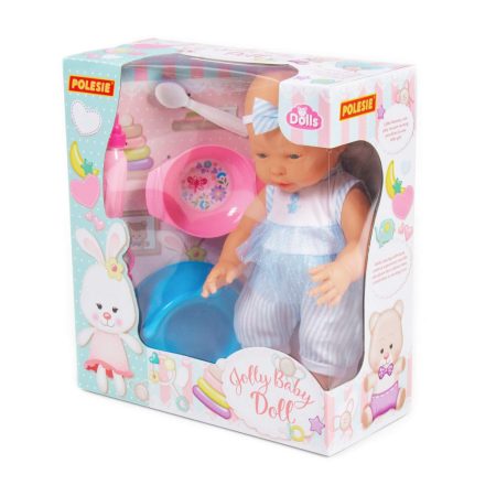 Vidám bébibaba, 35 cm, cumival és kiegészítőkkel, 4 db (doboz)